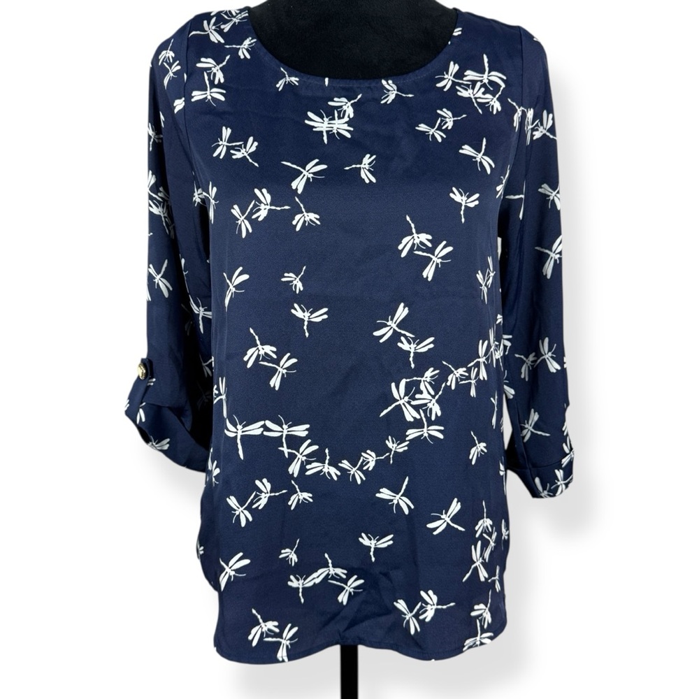 Everly Blouse Womens S Small Blue White Dragonfly Print 3/4‎ Sleeves